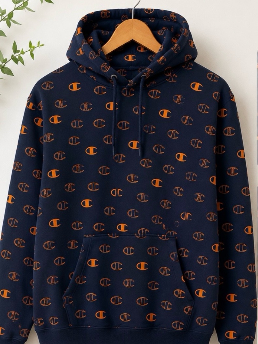 Champion Navy & Orange Logo-Print Pullover Hoodie